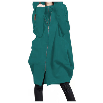 Women’s Mid-Length Coat – Oversized Fit – Hooded – Wool Blend – Zipper Front – Casual Style