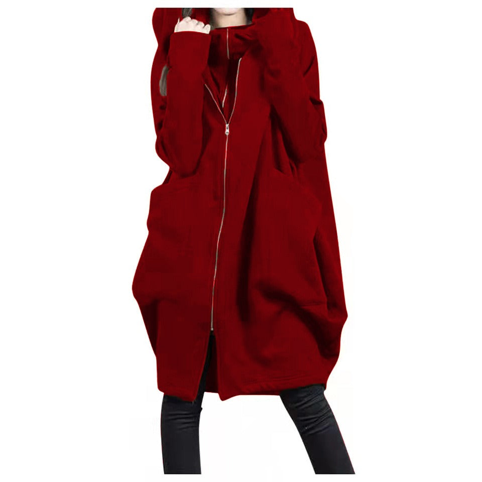 Women’s Mid-Length Coat – Oversized Fit – Hooded – Wool Blend – Zipper Front – Casual Style