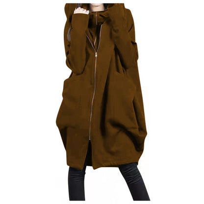 Women’s Mid-Length Coat – Oversized Fit – Hooded – Wool Blend – Zipper Front – Casual Style