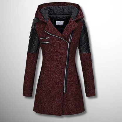 Women’s Jacket – Tailored Fit – Tweed Body – Quilted Sleeves – Asymmetrical Zip – Hooded