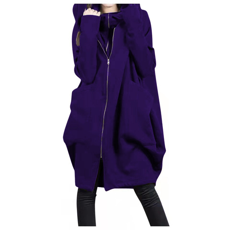 Women’s Mid-Length Coat – Oversized Fit – Hooded – Wool Blend – Zipper Front – Casual Style