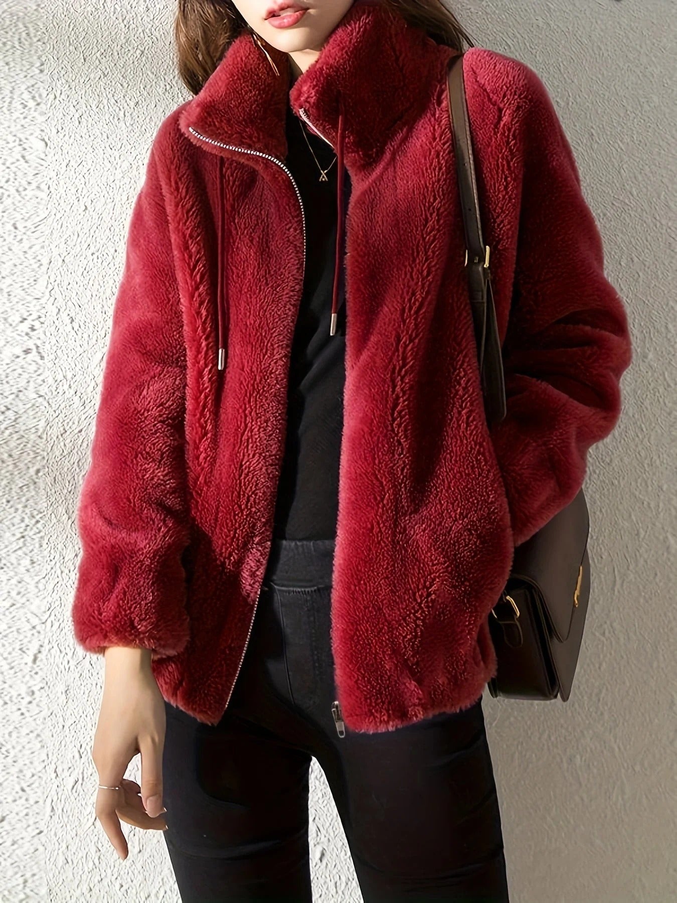 Plush Relaxed Fit Stand-Up Collar Jacket