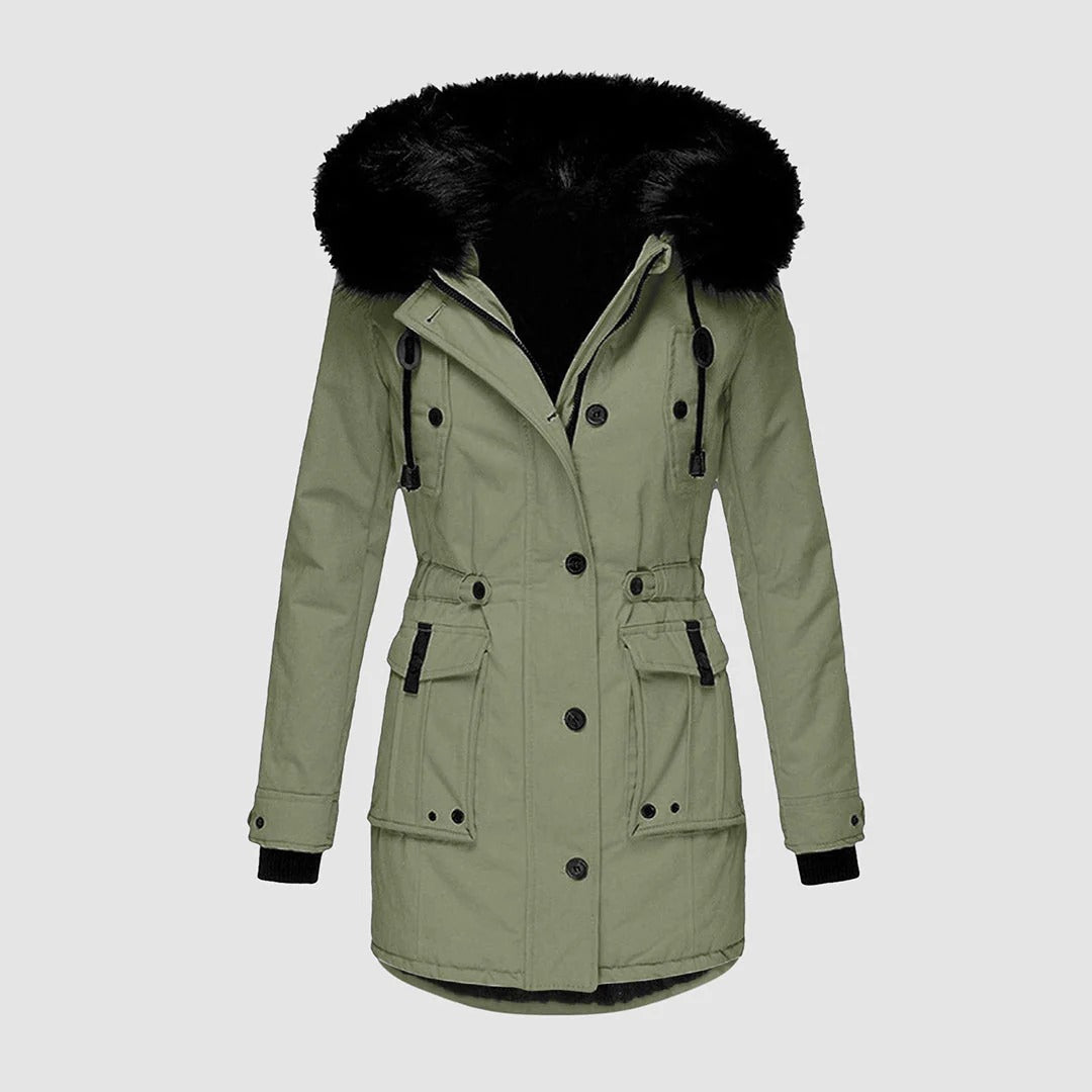 Women’s Long Coat – Tailored Fit – Faux Fur Hood – Waist Belt – Full-Length Warmth
