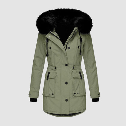 Women’s Long Coat – Tailored Fit – Faux Fur Hood – Waist Belt – Full-Length Warmth