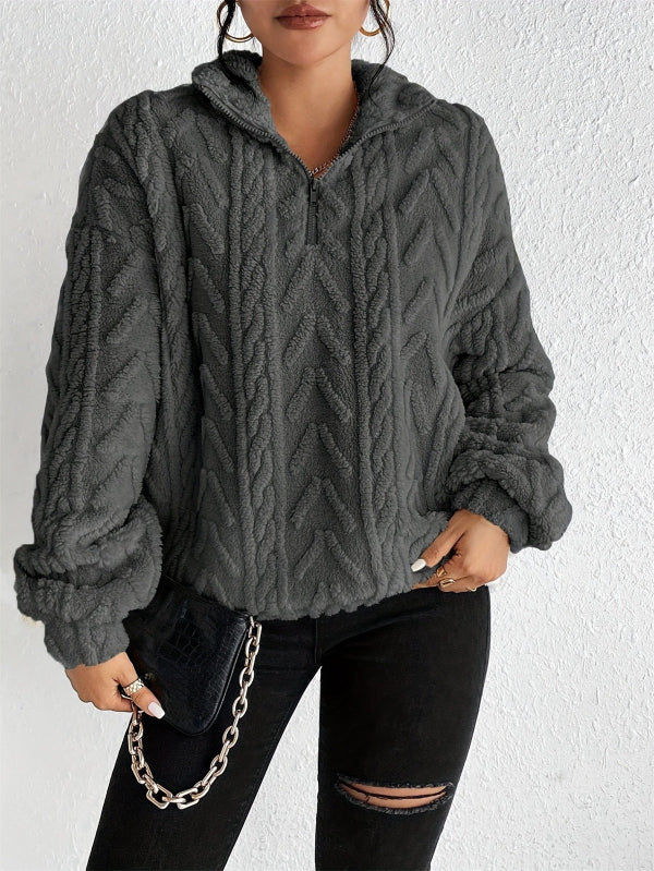 Women’s Pullover Top – Faux Shearling Fleece – Relaxed Fit – Half Zip High Collar