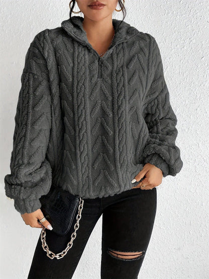 Women’s Pullover Top – Faux Shearling Fleece – Relaxed Fit – Half Zip High Collar