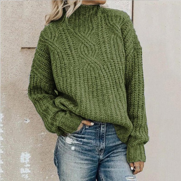 Women’s Pullover Sweater – Relaxed Fit – Wool Feel – Chunky Cable Knit – High Neck