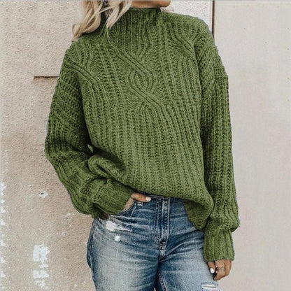 Women’s Pullover Sweater – Relaxed Fit – Wool Feel – Chunky Cable Knit – High Neck