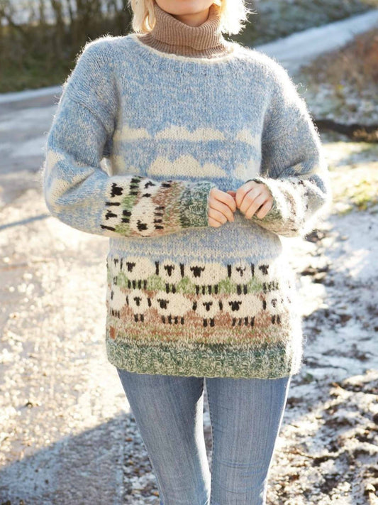 Wool Blend Sheep Pattern Relaxed Knit Sweater 