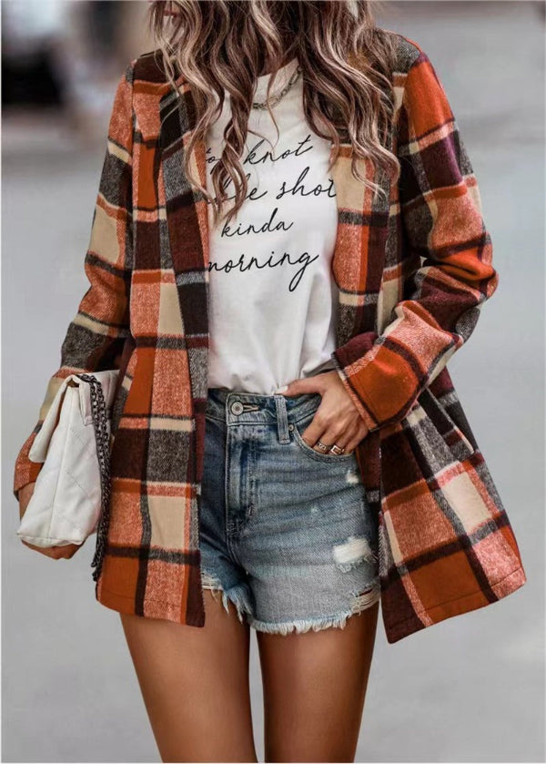 Plaid Print Oversized Wool Feel Cardigan Coat 