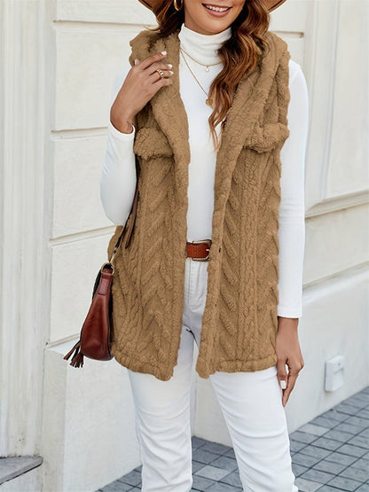 Women’s Hooded Vest – Fuzzy Knit – Relaxed Fit – Button Front – Casual Layering