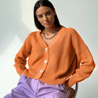Women’s Cardigan – Relaxed Fit – Ribbed Knit – V-Neck – Button Front – Rolled Sleeves