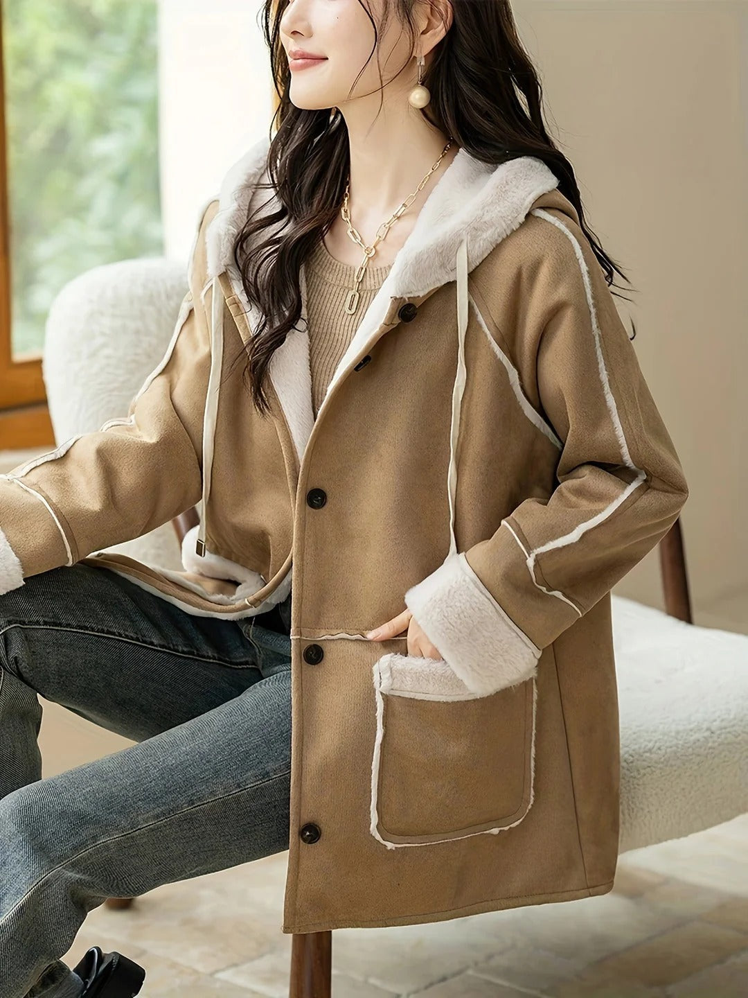 Women’s Coat - Faux Suede - Hooded - Mid-Thigh Length - Button Closure