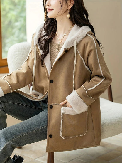 Women’s Coat - Faux Suede - Hooded - Mid-Thigh Length - Button Closure