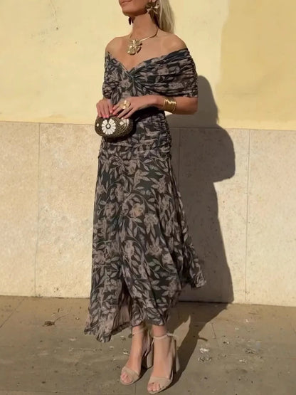 Women’s V-Neck Maxi Dress – Off-Shoulder – Floral Print – Flowing Lightweight