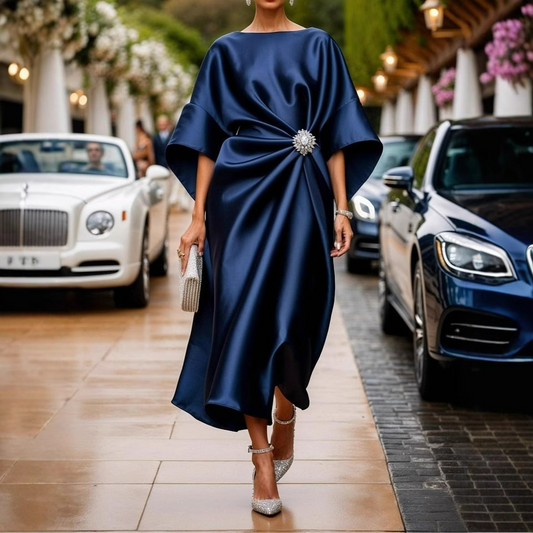 Silk Feel Draped Waist Midi Dress 