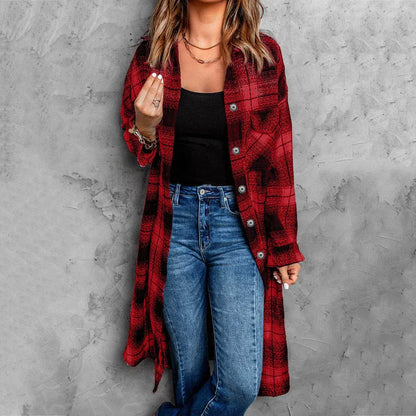Women’s Long Cardigan Shacket – Oversized Relaxed Fit – Plaid – Button Front – Chest Pockets