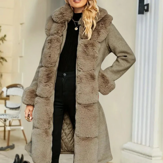 Faux Fur Trim Relaxed Wool Blend Trench Coat 