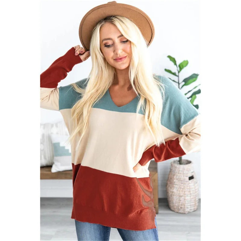 Women’s Pullover Sweater – Wool Blend – V-Neck – Relaxed Fit – Long Sleeve – Hip Length