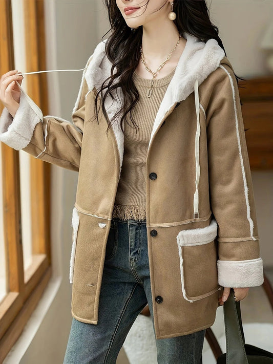 Faux Suede Hooded Mid-Thigh Coat