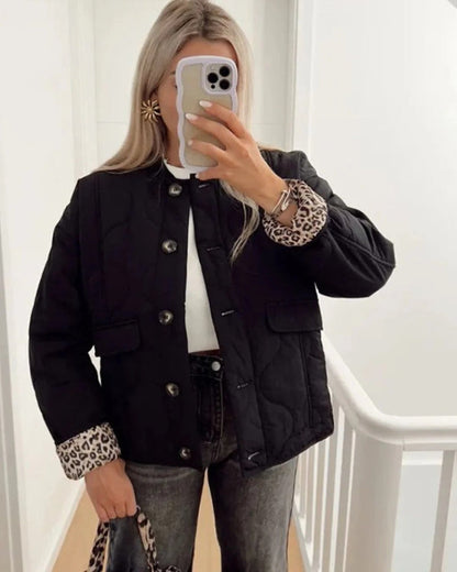 Women's Quilted Jacket – Relaxed Fit – Button Front – Leopard Print Cuff Detail