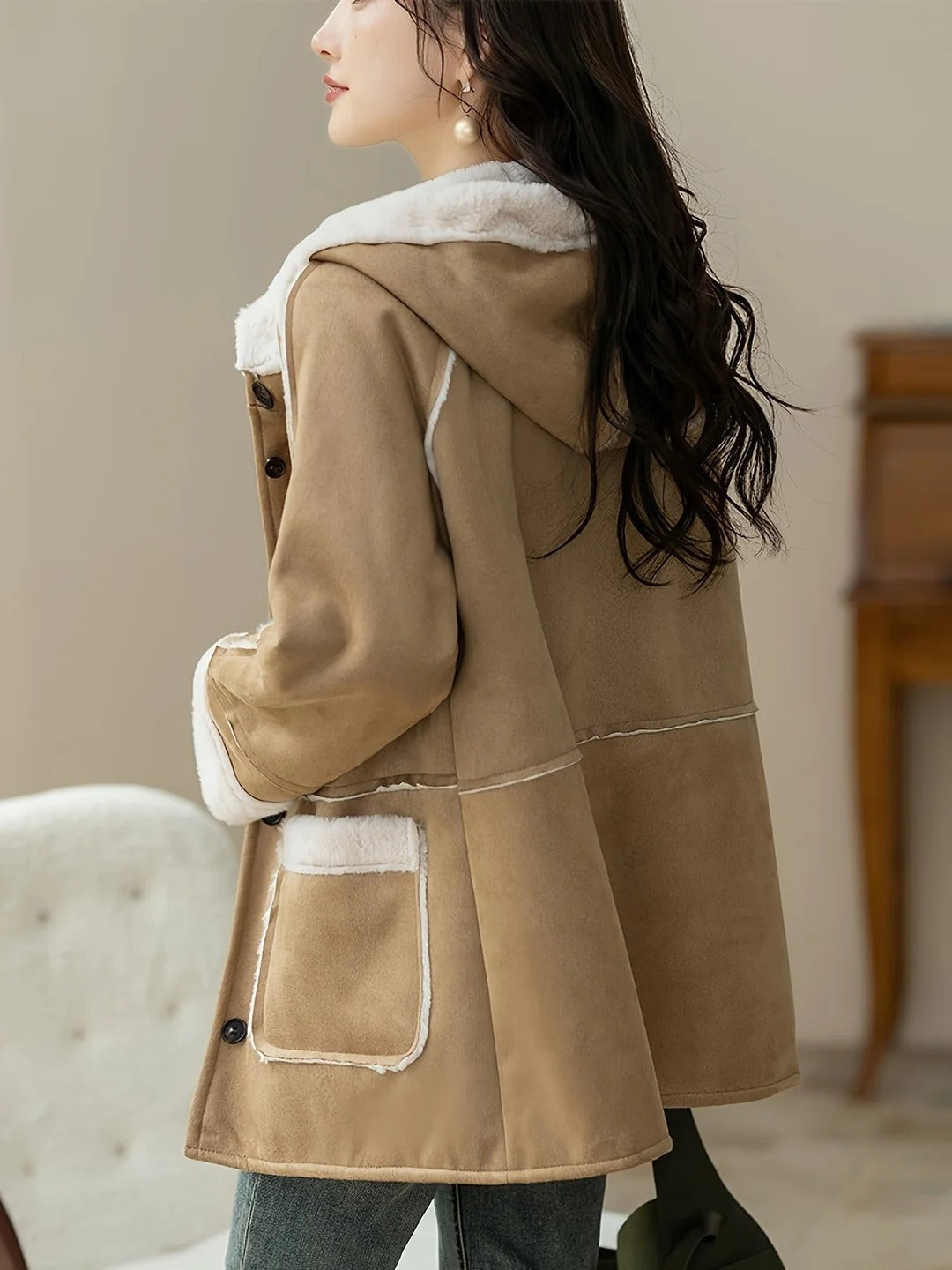 Faux Suede Hooded Mid-Thigh Coat