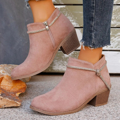 Women’s Ankle Boots – Suede Texture – Chunky Heel – Zip Closure – Adjustable Detail