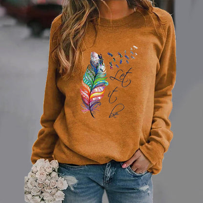 Women’s Sweatshirt – Relaxed Fit – Cotton Blend Knit – Feather Print – Crew Neck Long Sleeve