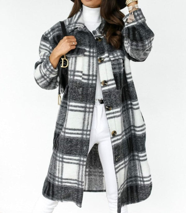 Wool Blend Oversized Checkered Knee Length Jacket 