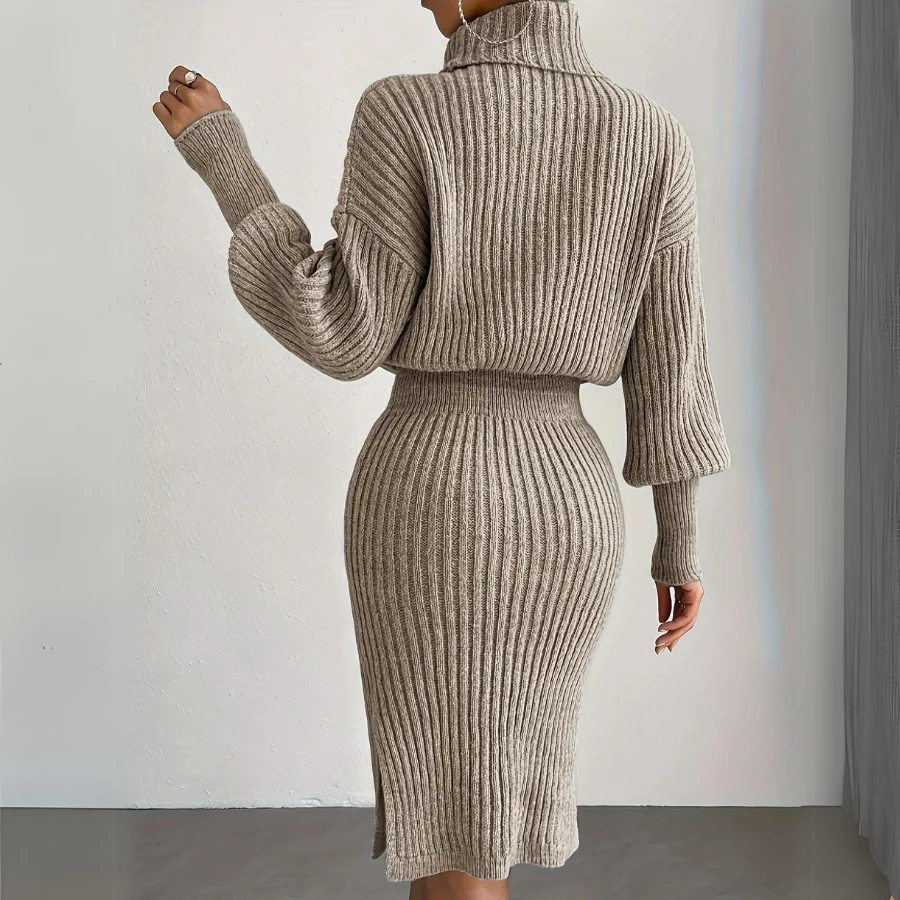 Ribbed Wool Blend Knit Turtleneck Midi Dress 