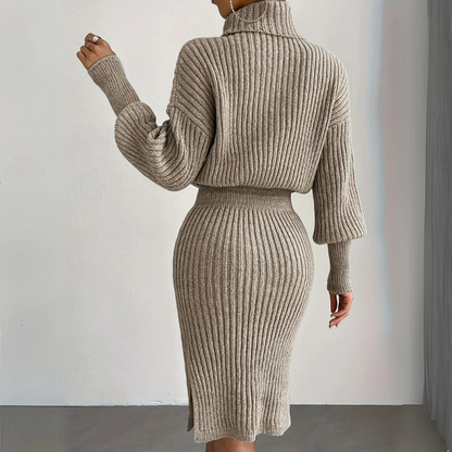 Women’s Knit Turtleneck Midi Dress – Ribbed Wool Blend – Blouson Top – Side Slit