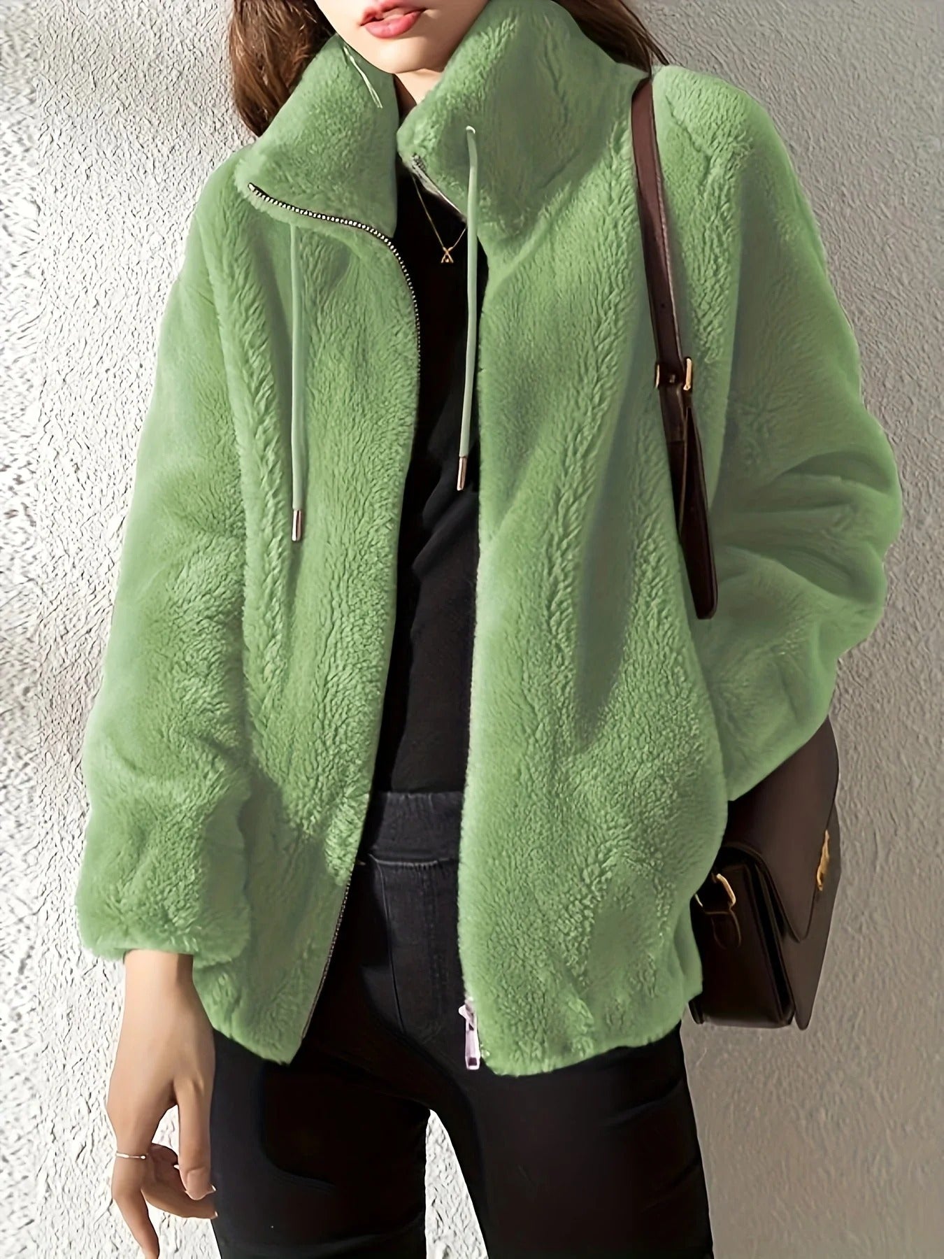 Women’s Jacket - Plush Texture - Stand-Up Collar - Hip Length - Relaxed Fit