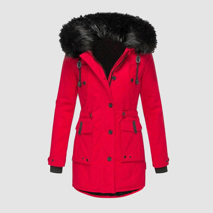 Women’s Long Coat – Tailored Fit – Faux Fur Hood – Waist Belt – Full-Length Warmth