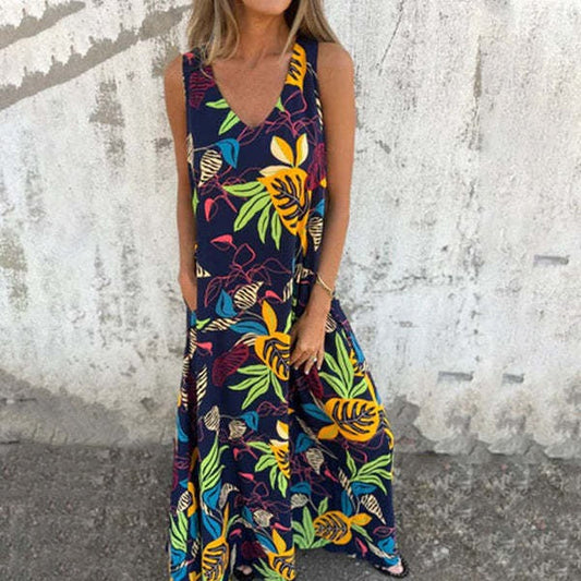 Leaf Print Relaxed Cotton Maxi Dress 