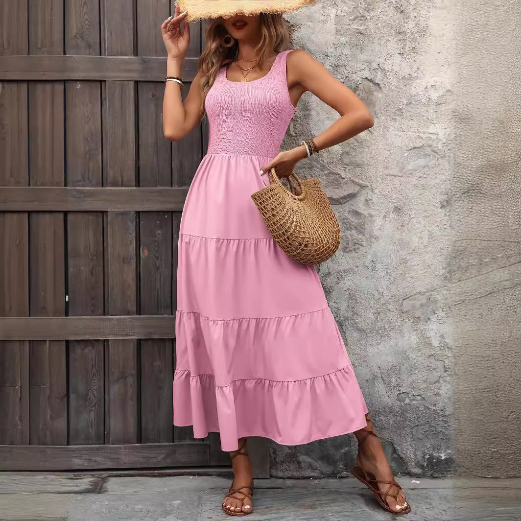 Smocked Bodice A-Line Midi Suspender Dress 