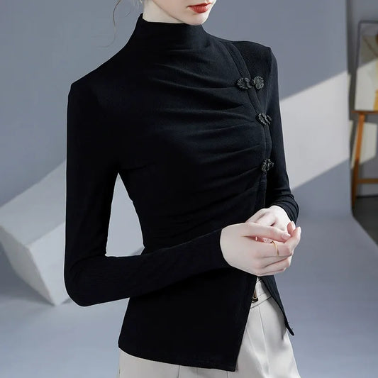Ribbed Stretch Slim Fit High Neck Blouse 
