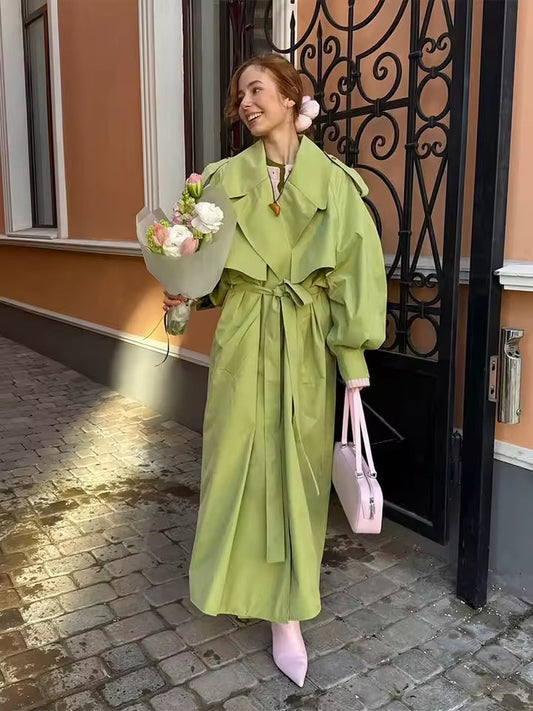 Relaxed Fit Belted Long Windbreaker Coat 