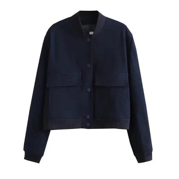 Women’s Bomber Jacket – Relaxed Fit – Cropped Waist – Button Front – Flap Pockets
