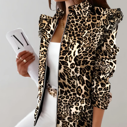 Women’s Jacket – Tailored Fit – Plaid Pattern – Ruffle Shoulder – Stand Collar – Hip Length