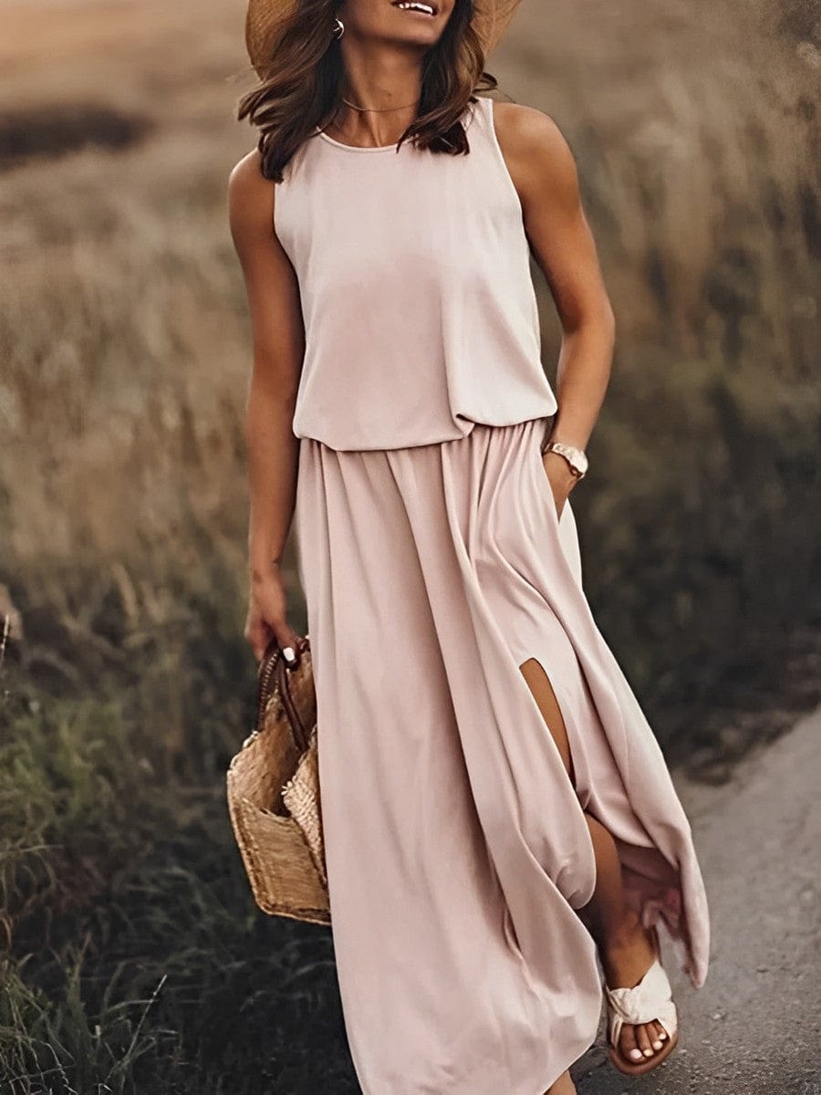 Women's Sleeveless Maxi Dress - Flowy Fit - High Neck - Side Slit Elegant Casual Wear