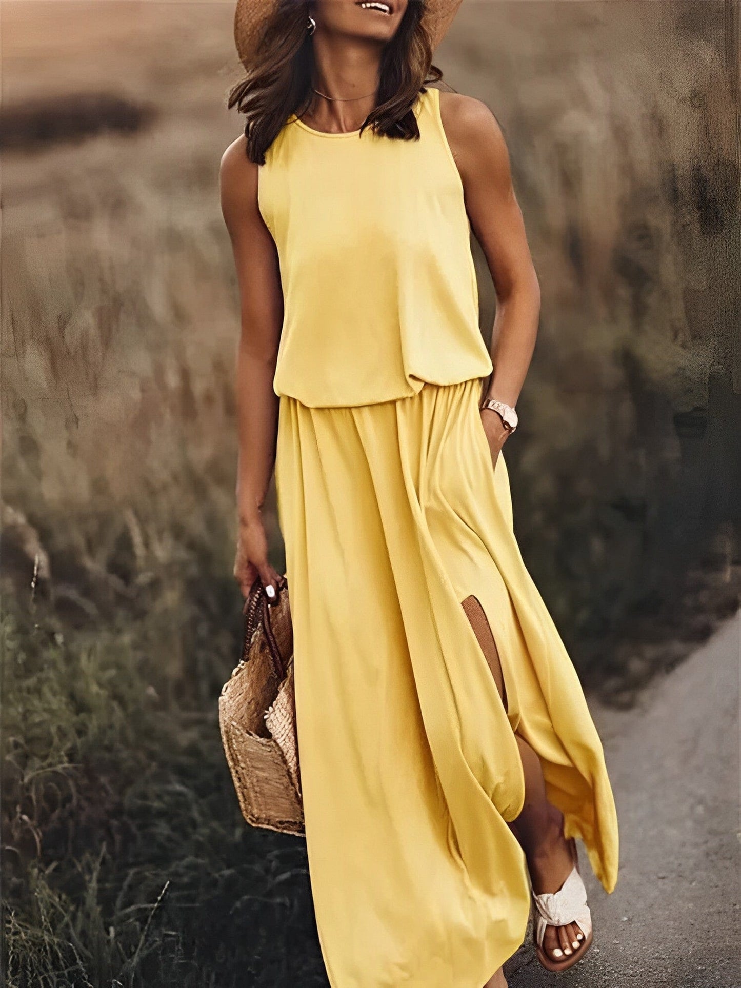 Women's Sleeveless Maxi Dress - Flowy Fit - High Neck - Side Slit Elegant Casual Wear