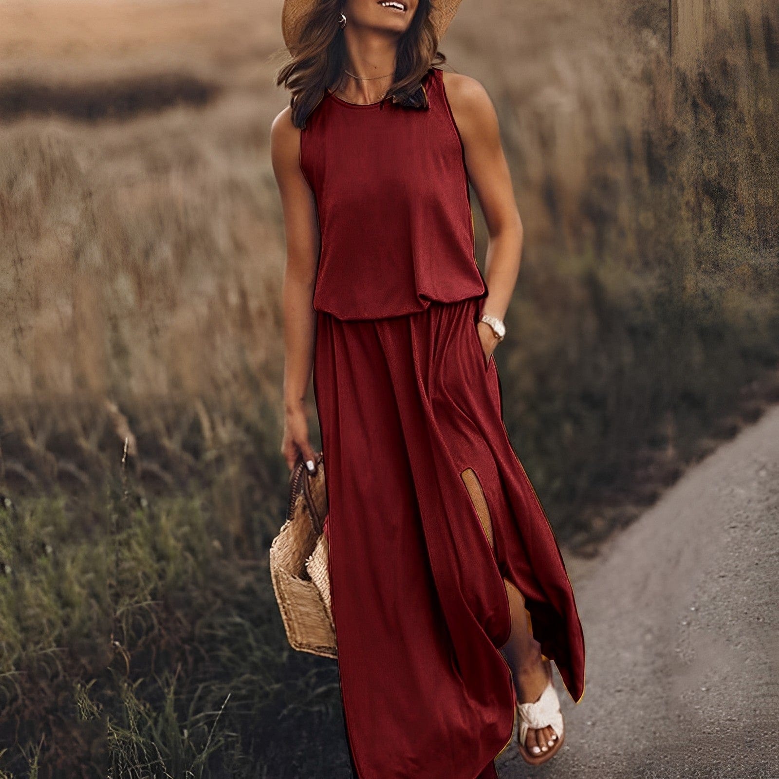 Plain Sleeveless Maxi Dress with Split