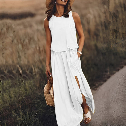 Women's Sleeveless Maxi Dress - Flowy Fit - High Neck - Side Slit Elegant Casual Wear