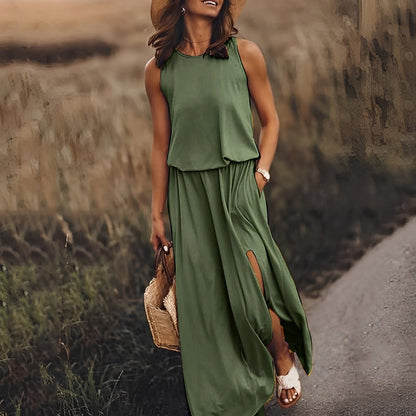 Women's Sleeveless Maxi Dress - Flowy Fit - High Neck - Side Slit Elegant Casual Wear