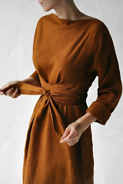 Women's Maxi Dress - Boat Neck - Long Sleeve - Wrap Waist - Elegant Flowing Fit