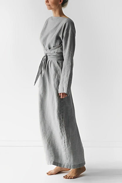 Women's Maxi Dress - Boat Neck - Long Sleeve - Wrap Waist - Elegant Flowing Fit