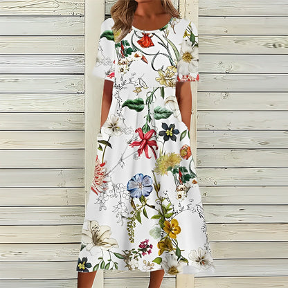 Women's Midi Dress - A-Line Relaxed Fit - Short Sleeve - Round Neck - Floral Pattern - With Pockets