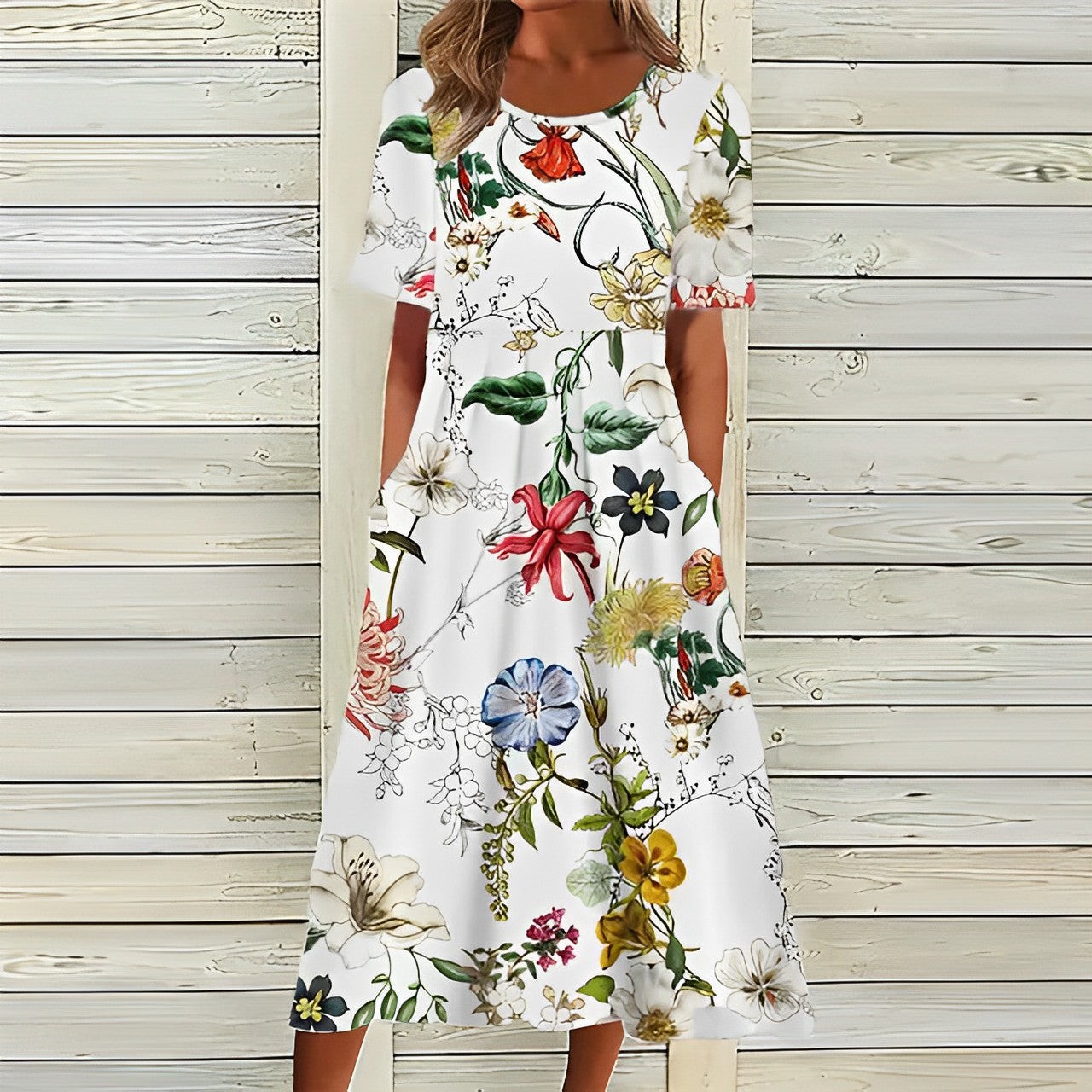 Women's Midi Dress - A-Line Relaxed Fit - Short Sleeve - Round Neck - Floral Pattern - With Pockets