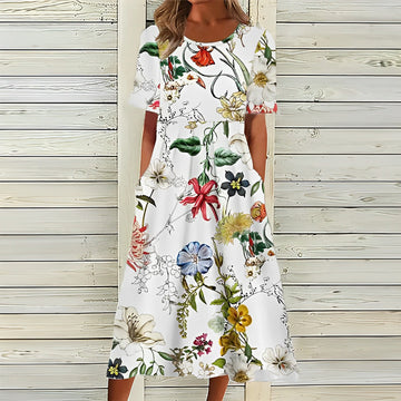 Women's Midi Dress - A-Line Relaxed Fit - Short Sleeve - Round Neck - Floral Pattern - With Pockets