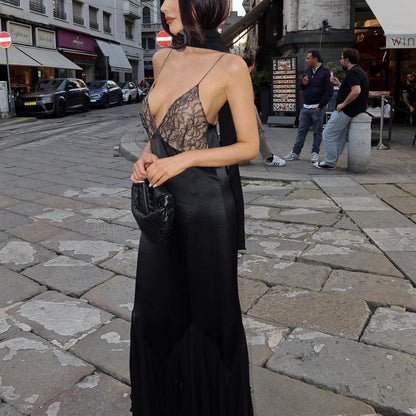 Women's Evening Gown - Satin Finish - Lace Bodice - Deep V-Neck - Backless Elegant Fit